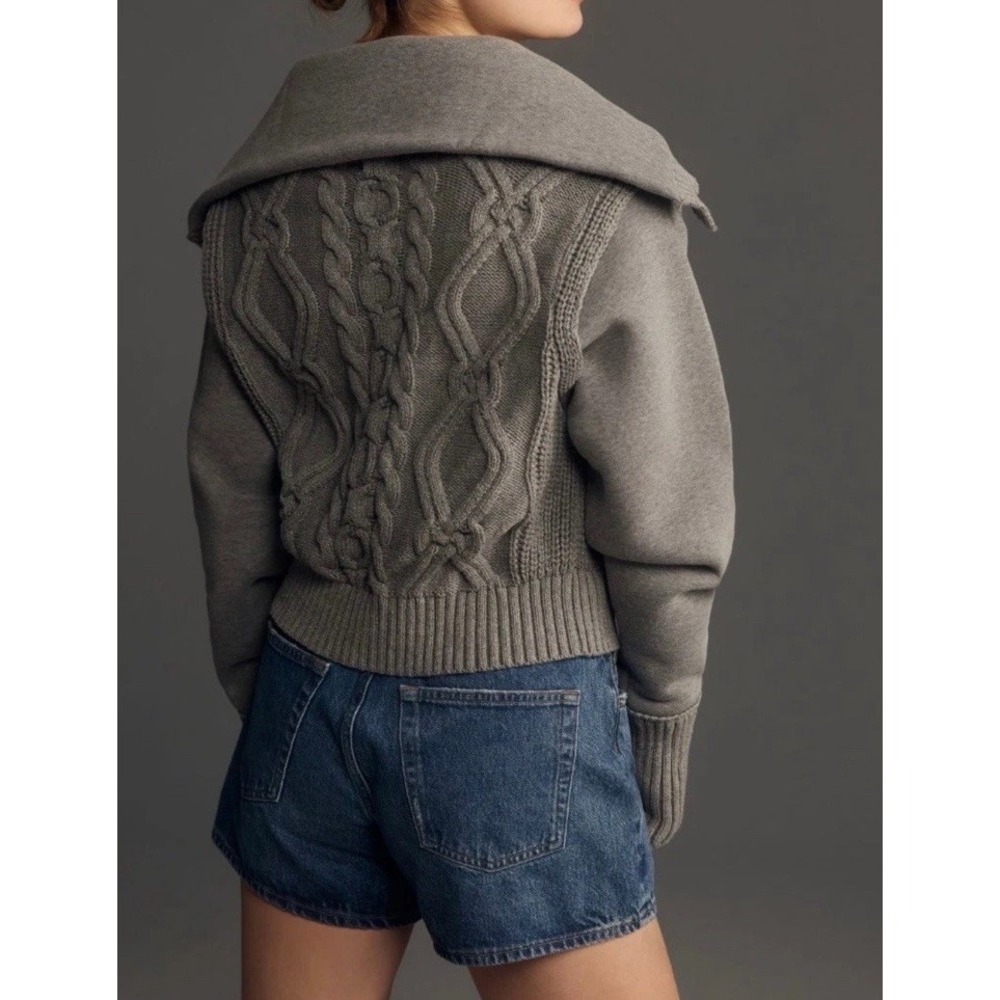 Anthropologie Pilcro Cable Laced Twofer Sweater Chunky Knit Collar Medium Grey - Picture 2 of 6